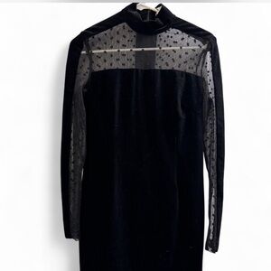 Chic Black Velvet Mini Dress with Sheer Polka Dot Sleeves